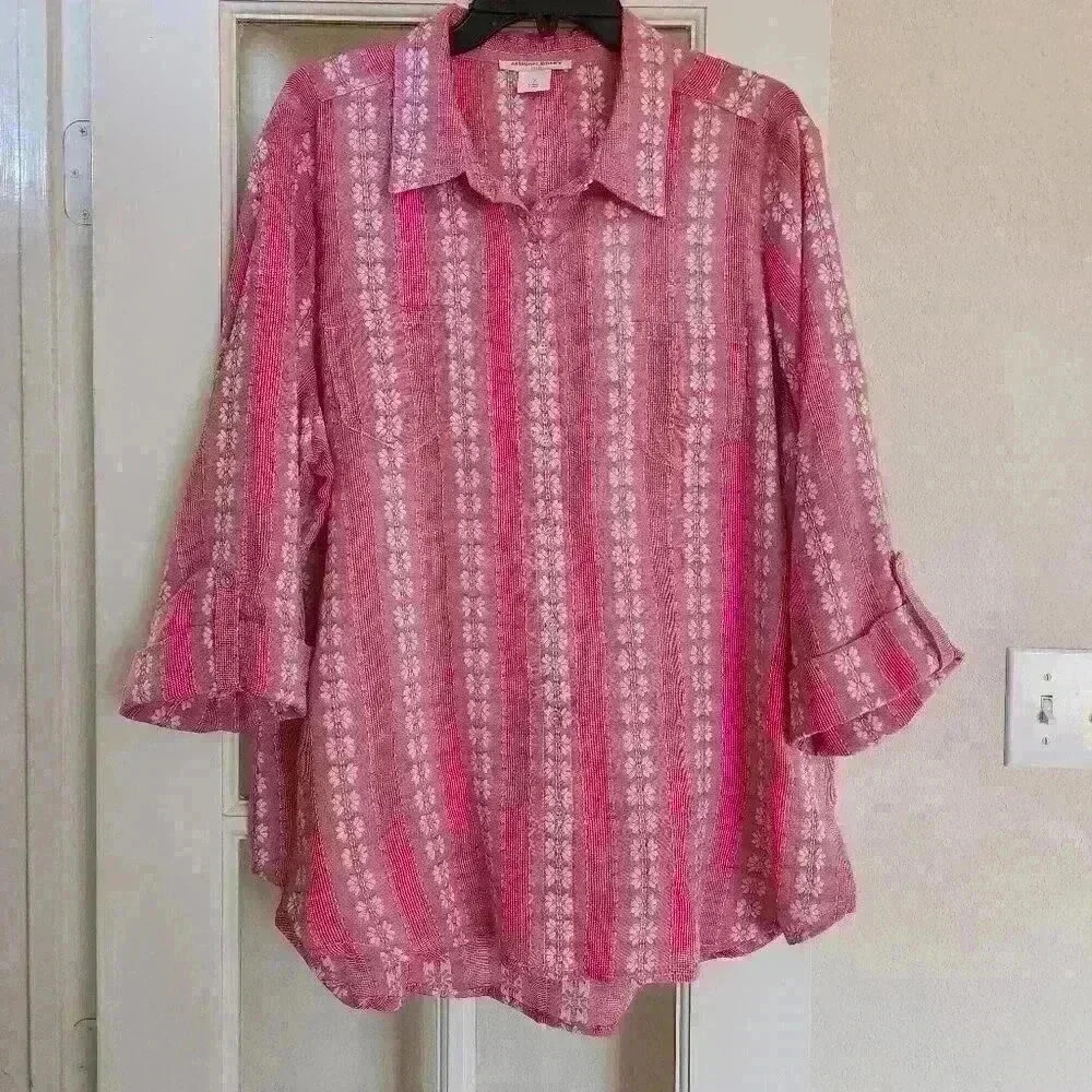 Allison Daley Women's Plus Pink 3/4 Sleeve Light Button Down 1X Fall Western
